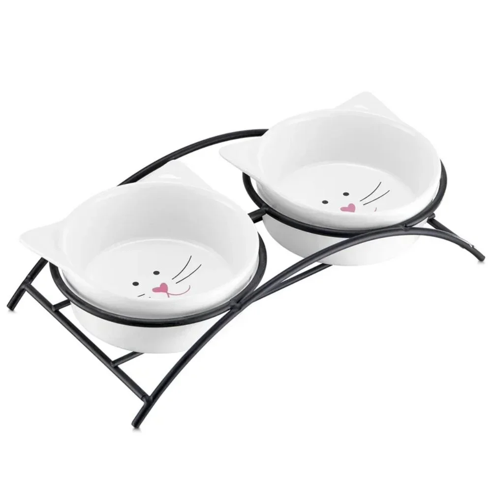 Cat Bowl with Stand Elevated Pet Feeder (Black/White)